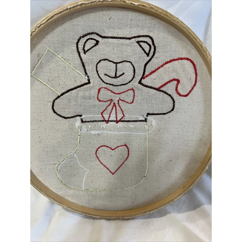 Vintage handmade‎ embroidered teddy bear in stocking Kids nursery wall hanger